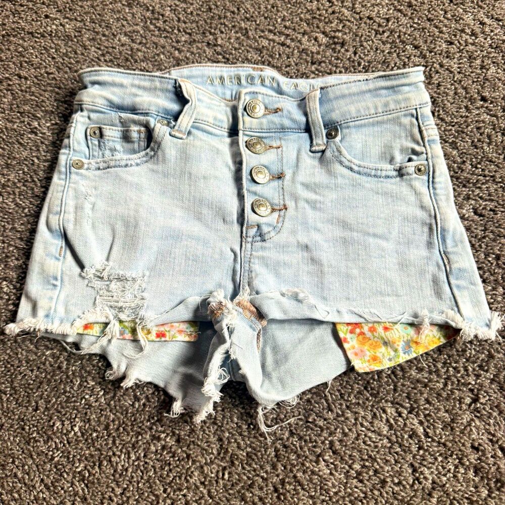American Eagle Womens 000 High Rise Denim Shorts Next Level Stretch Distressed